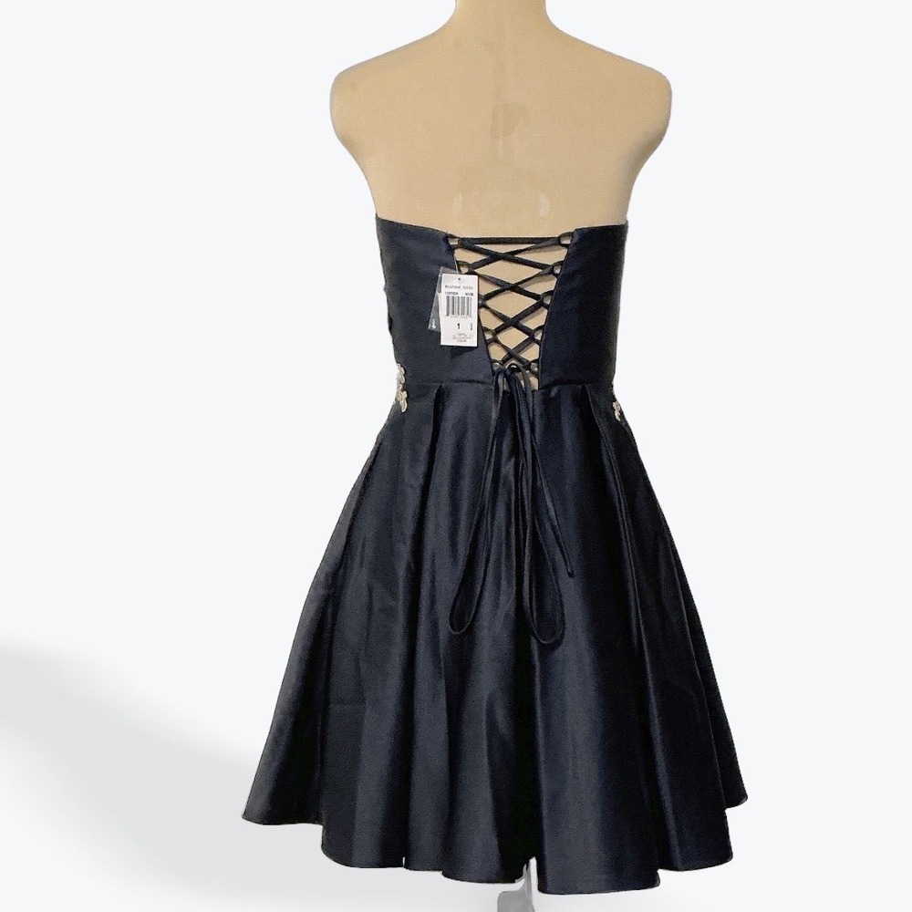 Blondie Nites Navy Strapless Embroidered Satin Dress Corset Back Short - Picture 9 of 16